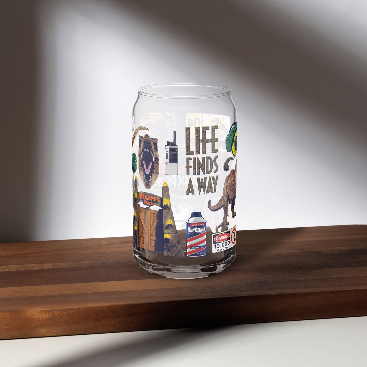 Jurassic Park Icon Collage Can Shaped Glass