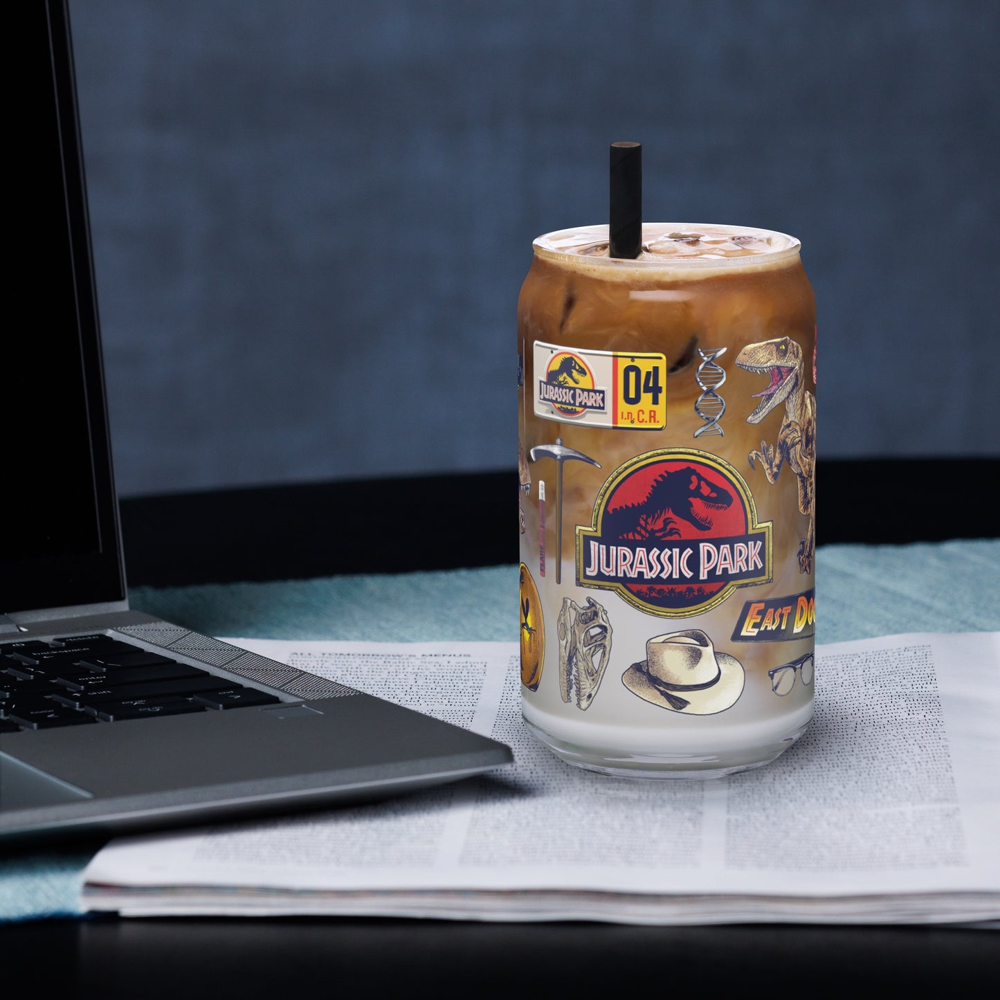 Jurassic Park Icon Collage Can Shaped Glass