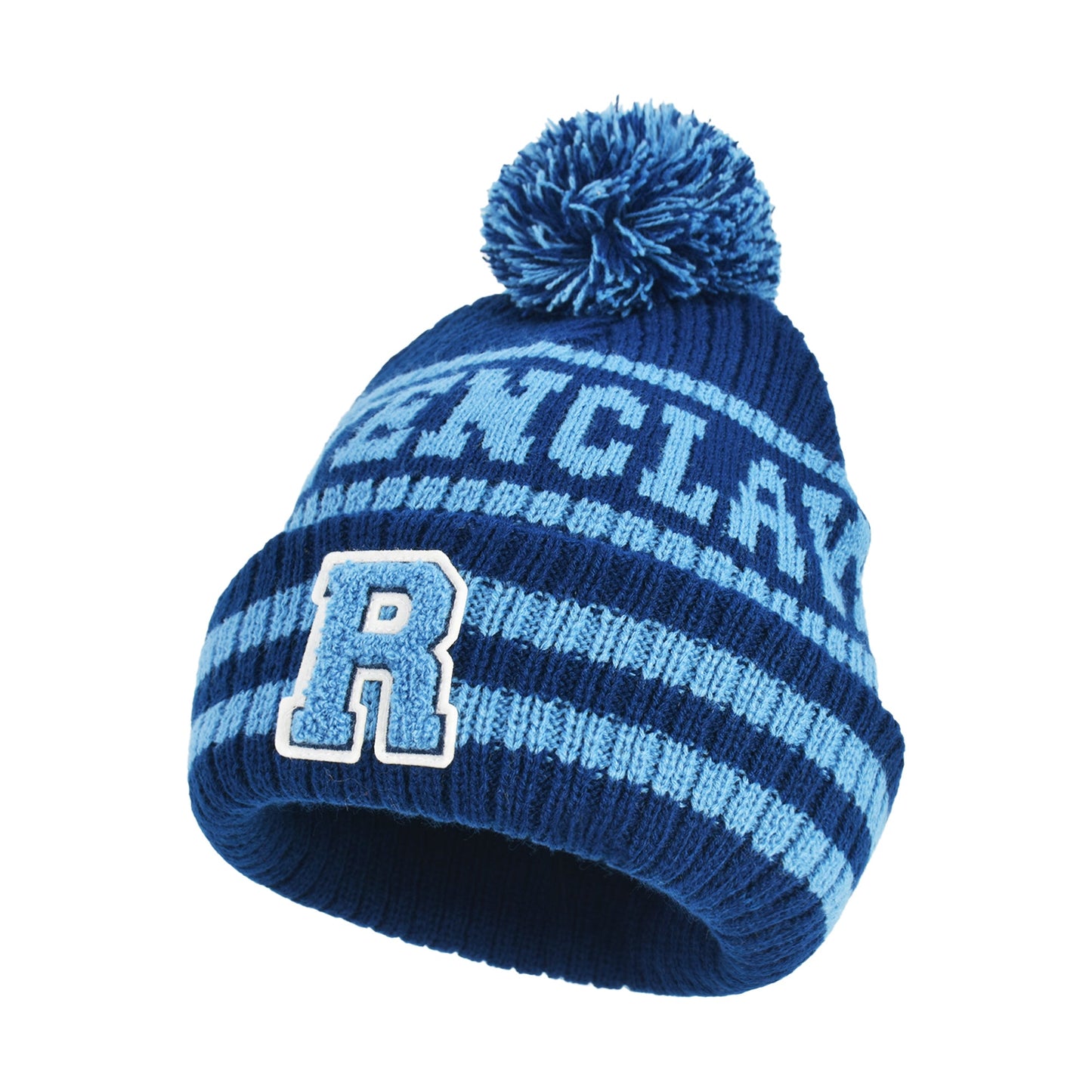 Detail of Ravenclaw lettering and striped design on blue knit hat