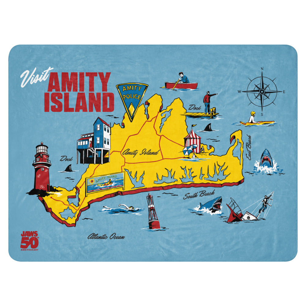 Jaws 50th Anniversary Amity Island Sherpa Blanket 60 in x 80 in