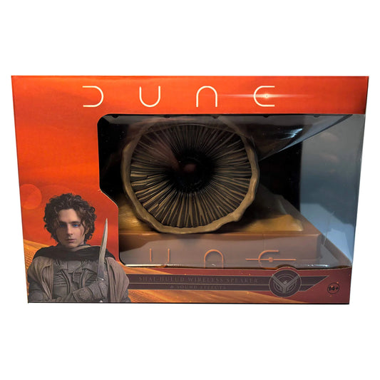 Textured limestone base supporting a detailed Shai-Hulud sandworm figurine with an integrated Bluetooth speaker-7