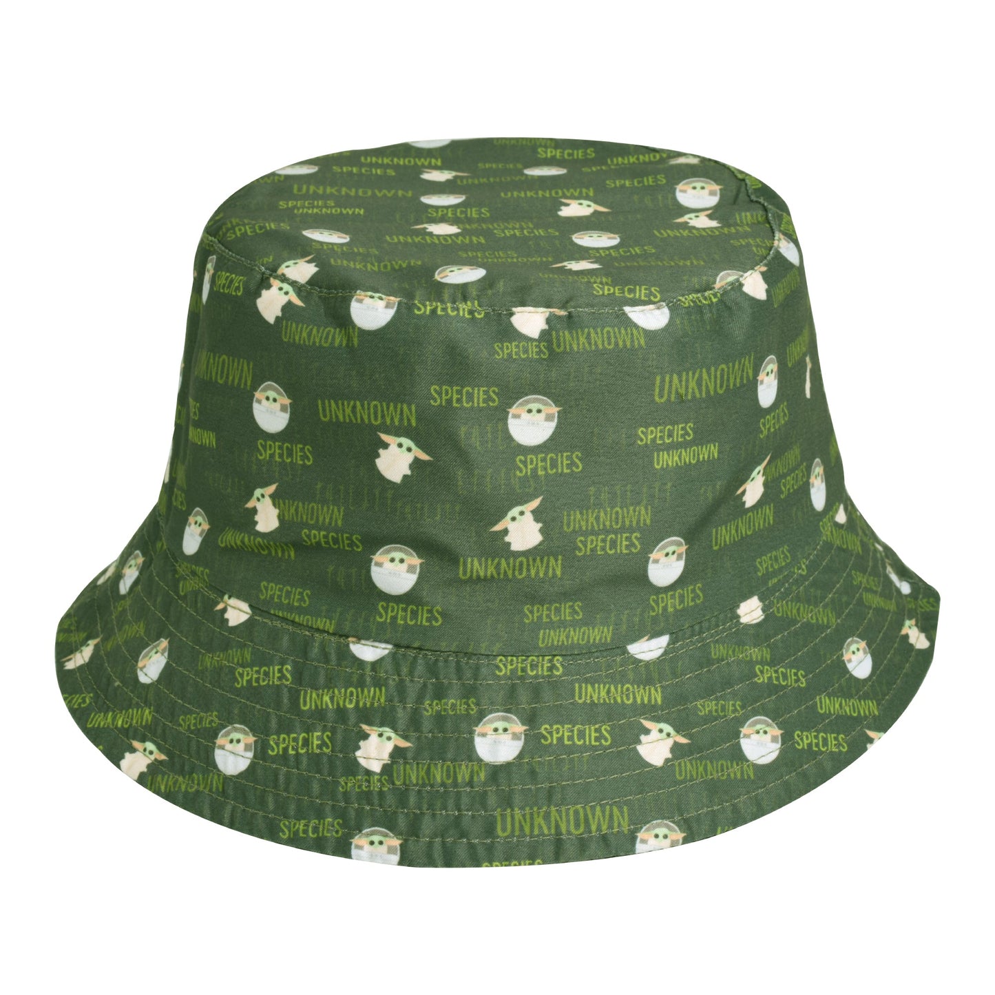 Reversible side of Grogu bucket hat featuring white egg motif pattern