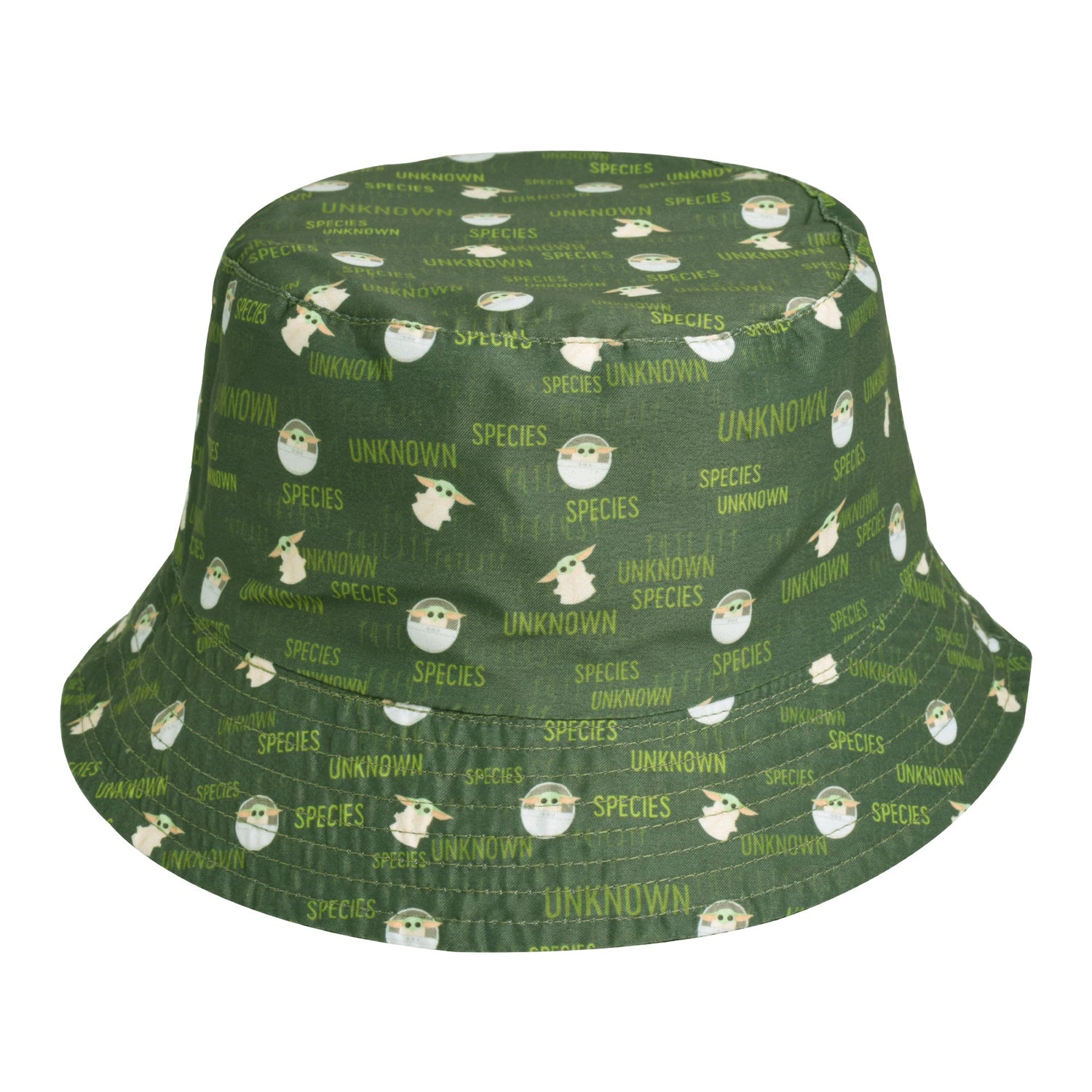 Reversible side of Grogu bucket hat featuring white egg motif pattern