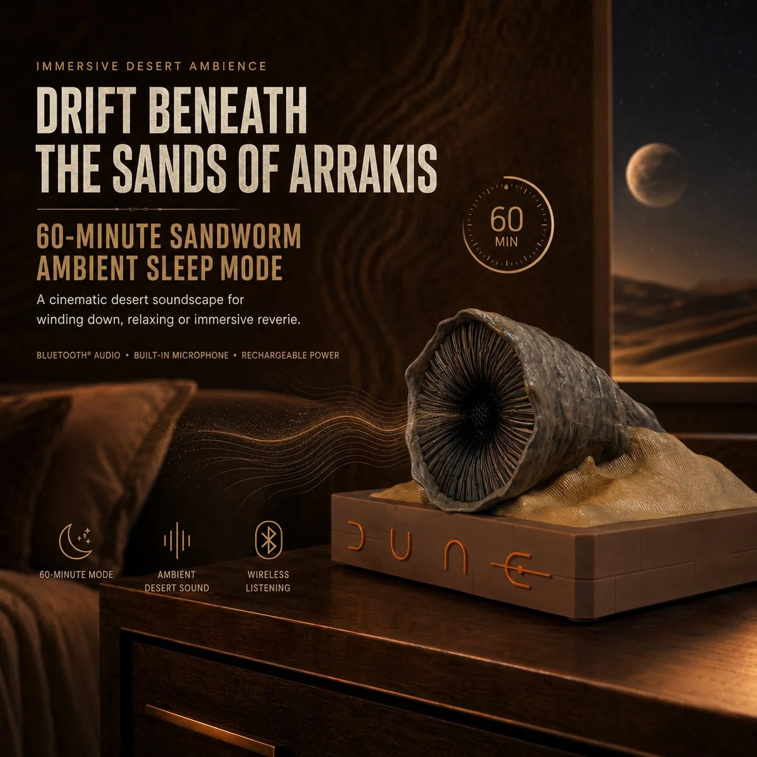 Front three-quarter view of the Dune Shai-Hulud Sandworm wireless speaker showcasing its intricate sculptural details