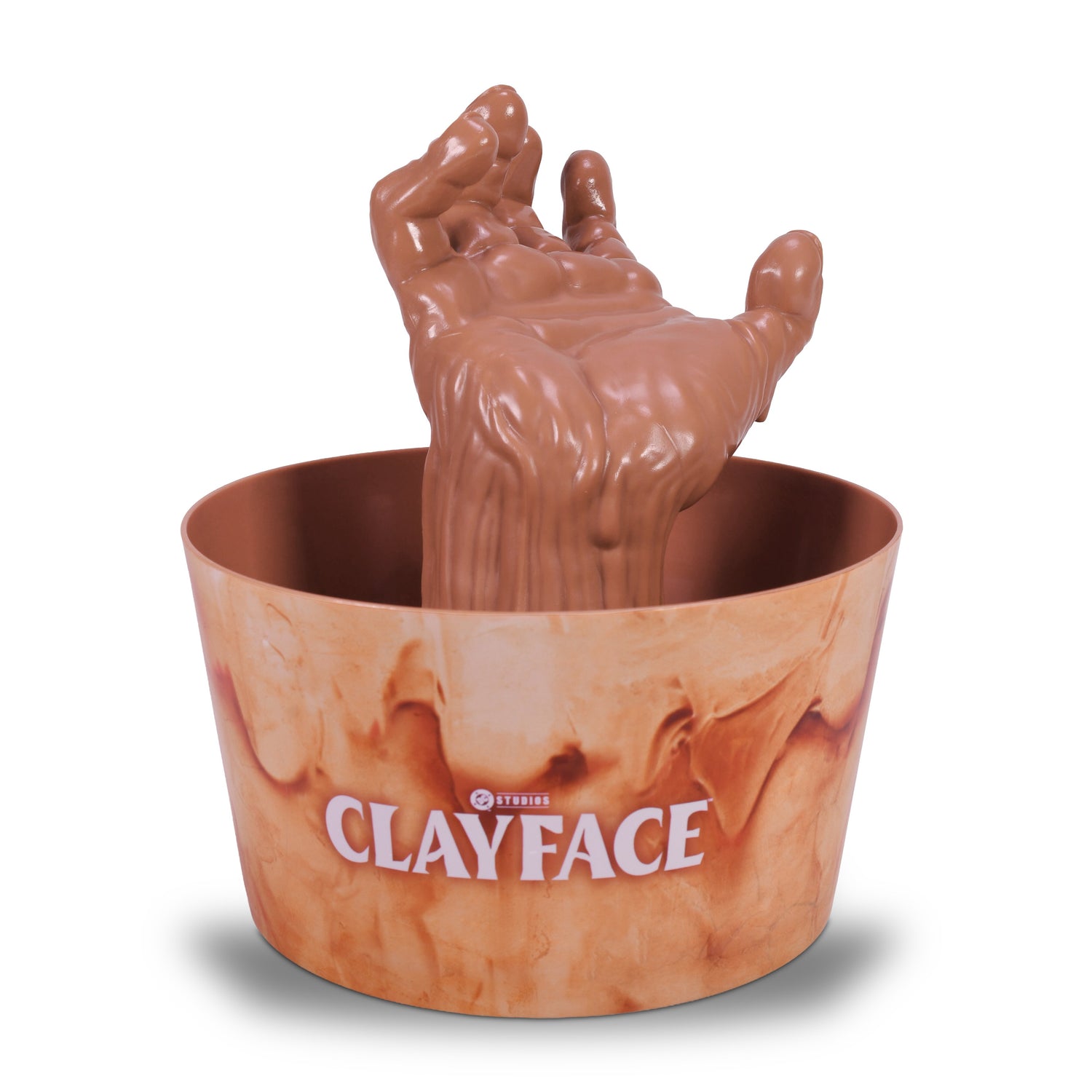 Front view of the sculpted Clayface popcorn bucket showing textured muddy details and character likeness
