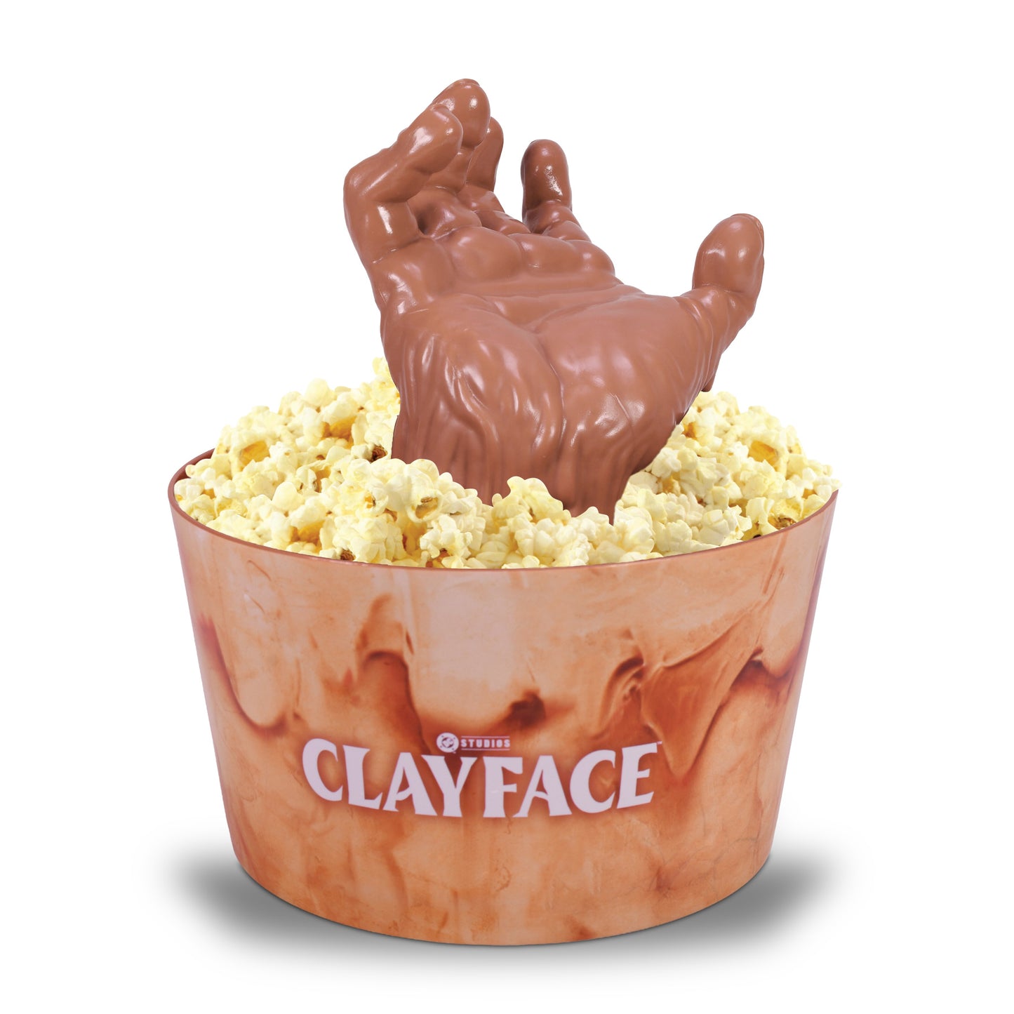 Angled perspective of the Clayface collectible popcorn container highlighting its unique shape
