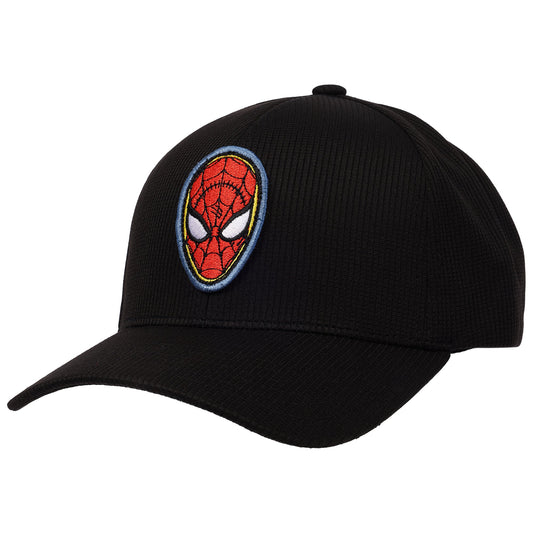 Close-up of the embroidered Spider-Man mask patch on the front of the black hat.-0
