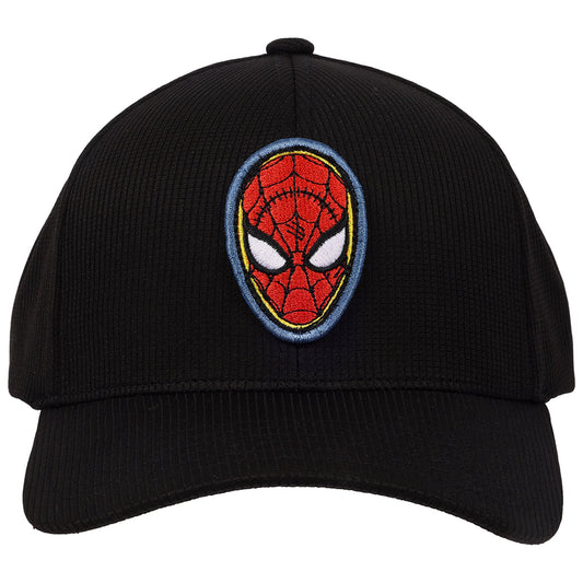 Close-up of the embroidered Spider-Man mask patch on the front of the black hat.-1