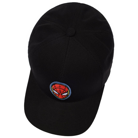 Close-up of the embroidered Spider-Man mask patch on the front of the black hat.-5