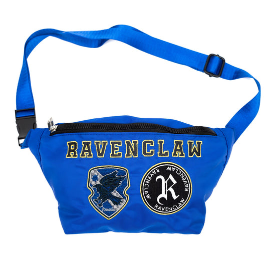 Front view of the blue Harry Potter Ravenclaw fanny pack featuring embroidered house patches.-2