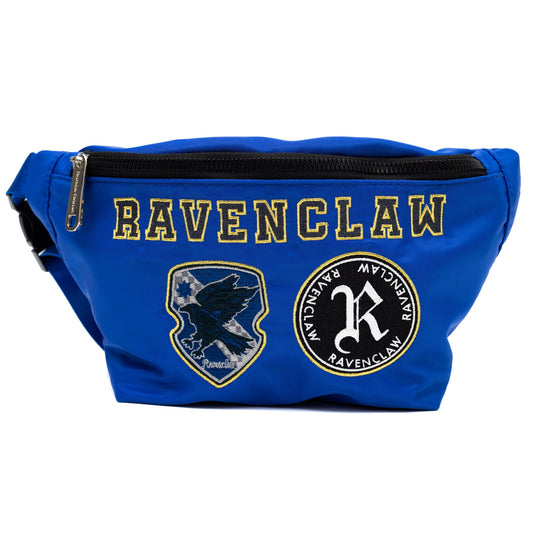 Front view of the blue Harry Potter Ravenclaw fanny pack featuring embroidered house patches.-0