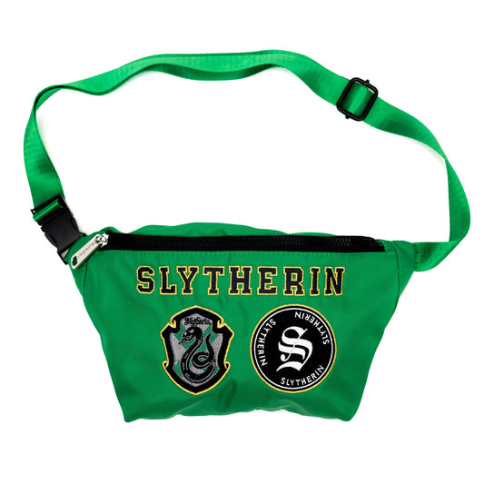 Front view of the green Harry Potter Slytherin fanny pack with embroidered patches-2