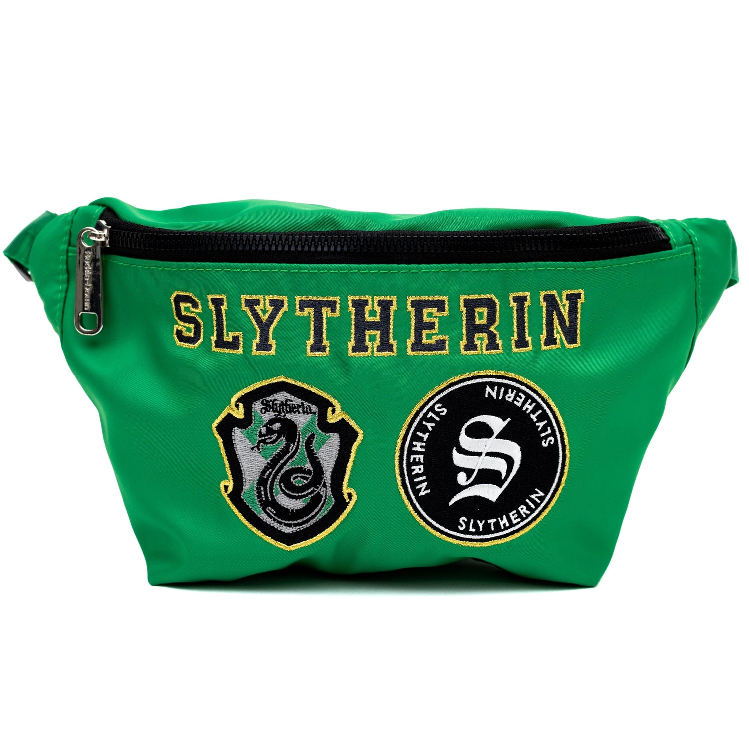 Front view of the green Harry Potter Slytherin fanny pack with embroidered patches