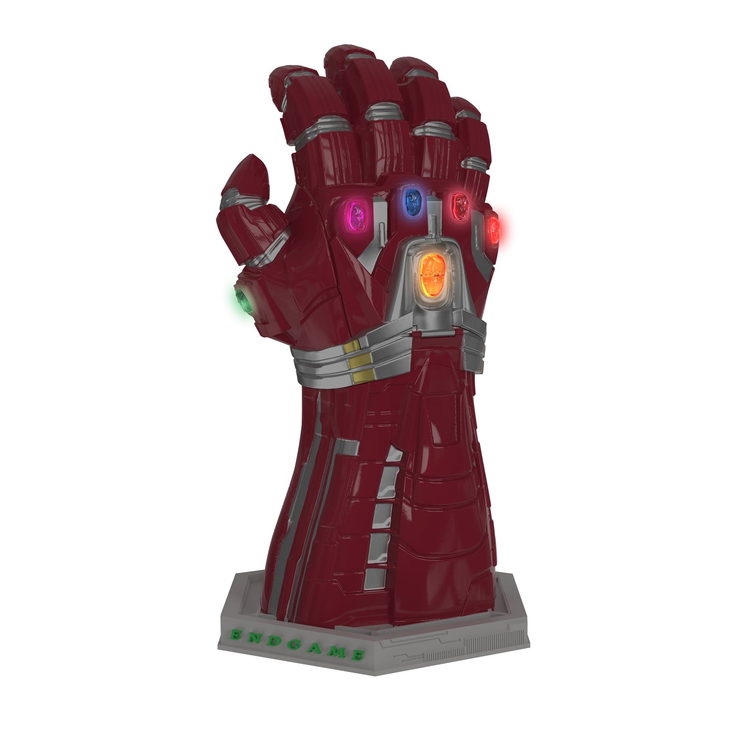 Front view of the Avengers: Endgame Infinity Gauntlet light-up popcorn bucket showcasing sculpted metallic details