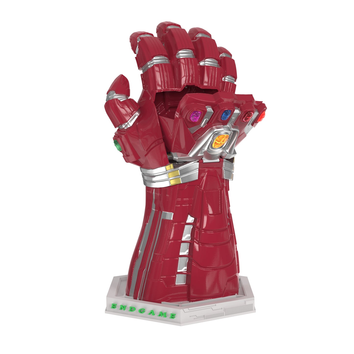 Close-up of the sculpted knuckles and finger plates on the plastic gauntlet container