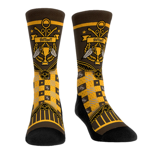 A pair of Harry Potter Hufflepuff socks featuring the Quidditch Cup Banner graphic in yellow and black.-0