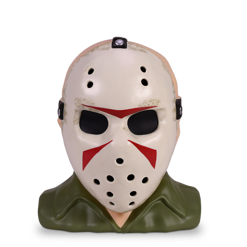Front view of the Friday the 13th Jason figural head popcorn bucket showing the iconic hockey mask