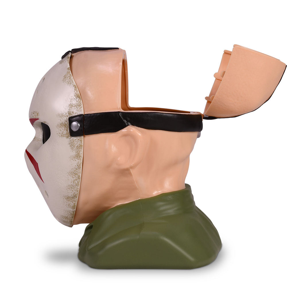 Close-up of the hockey mask ventilation holes and facial sculpt on the figural bucket