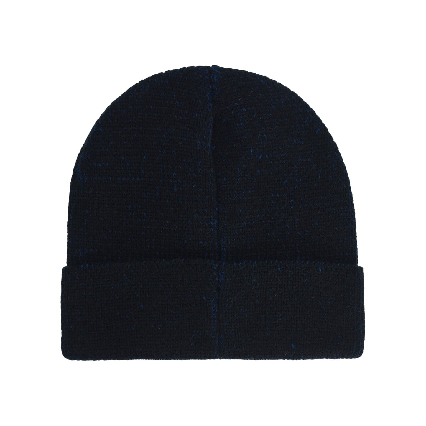 Close-up of the red Spider-Man logo embroidery on a blue acrylic beanie