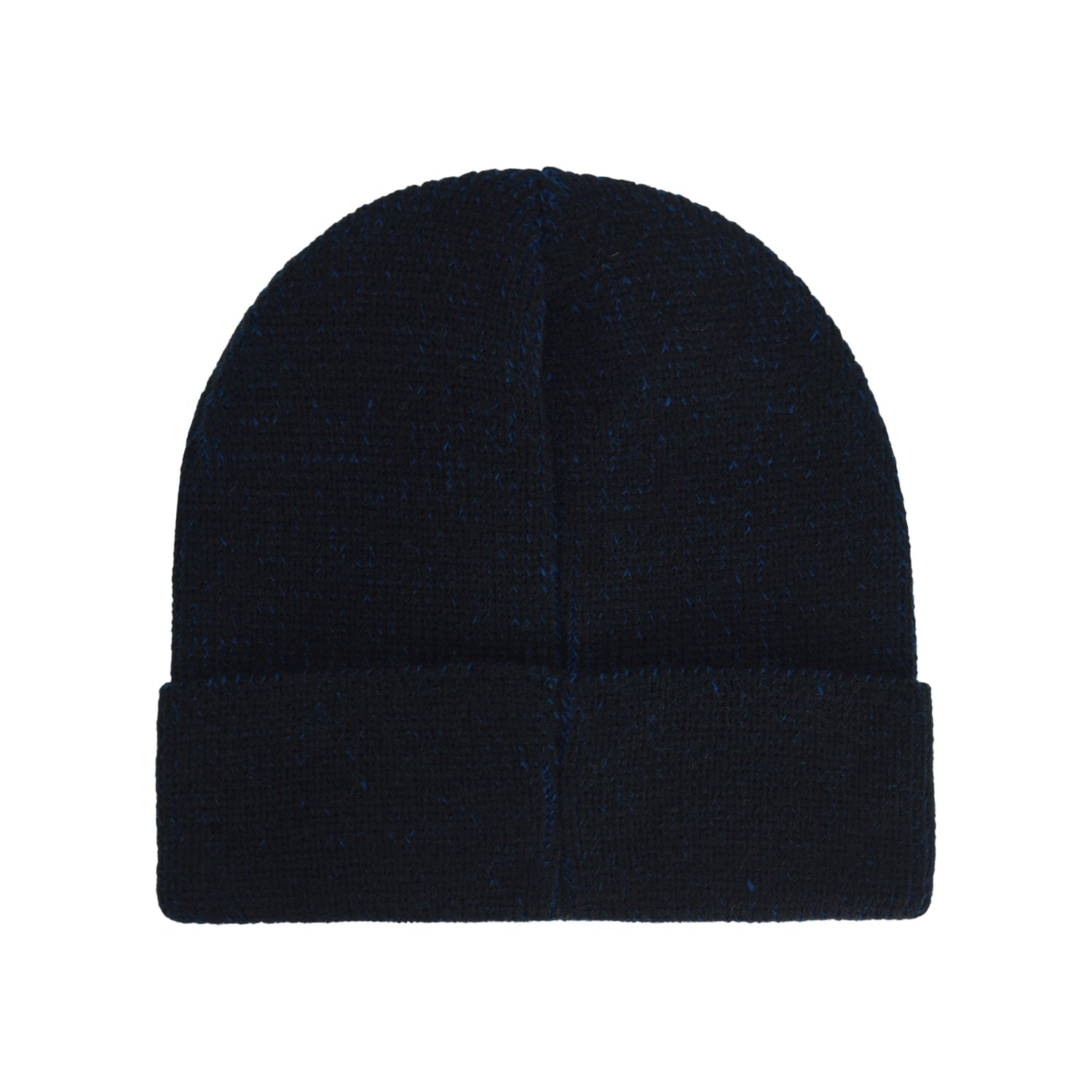Close-up of the red Spider-Man logo embroidery on a blue acrylic beanie