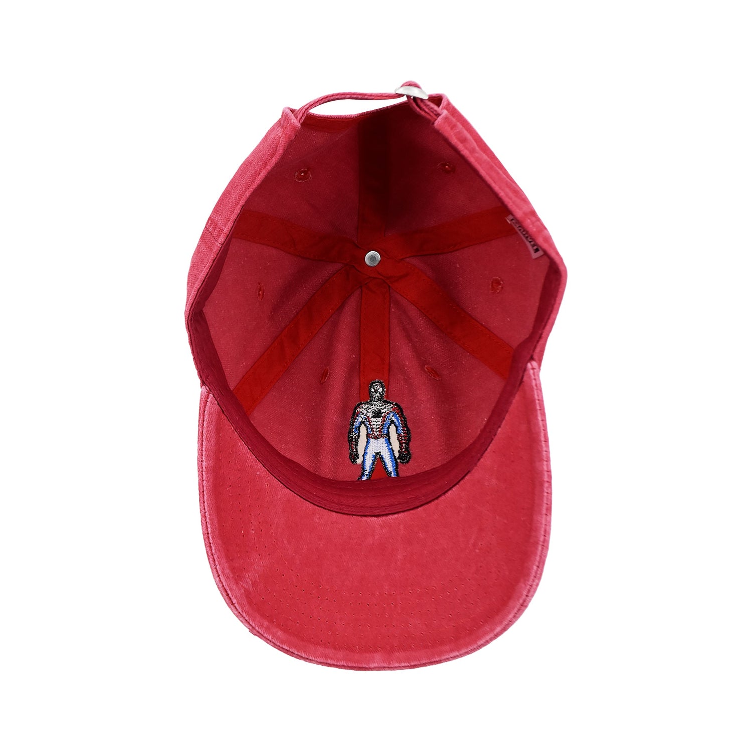 Close-up of the 100% washed cotton fabric texture on the Spider-Man cap