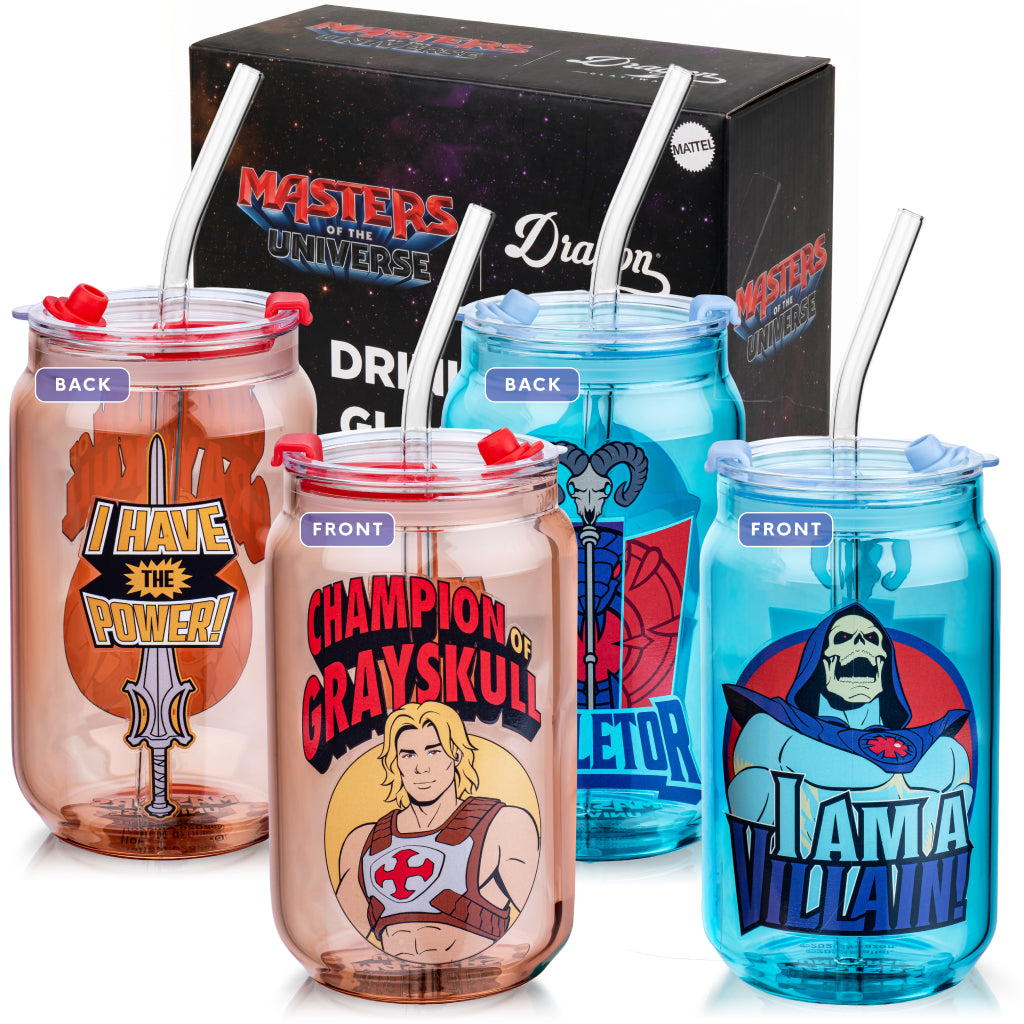 Masters of the Universe 2026 Movie Drinking Glass set featuring film logos