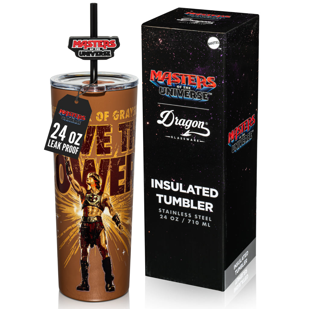 Masters of the Universe He-Man I Have The Power stainless steel tumbler with lid and straws.