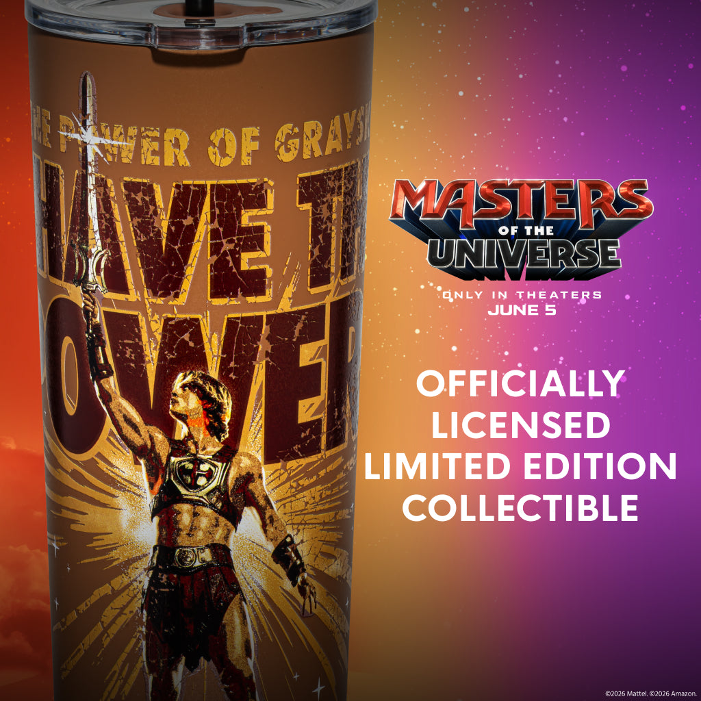 He-Man movie themed tumbler shown with two reusable straws and protective toppers.