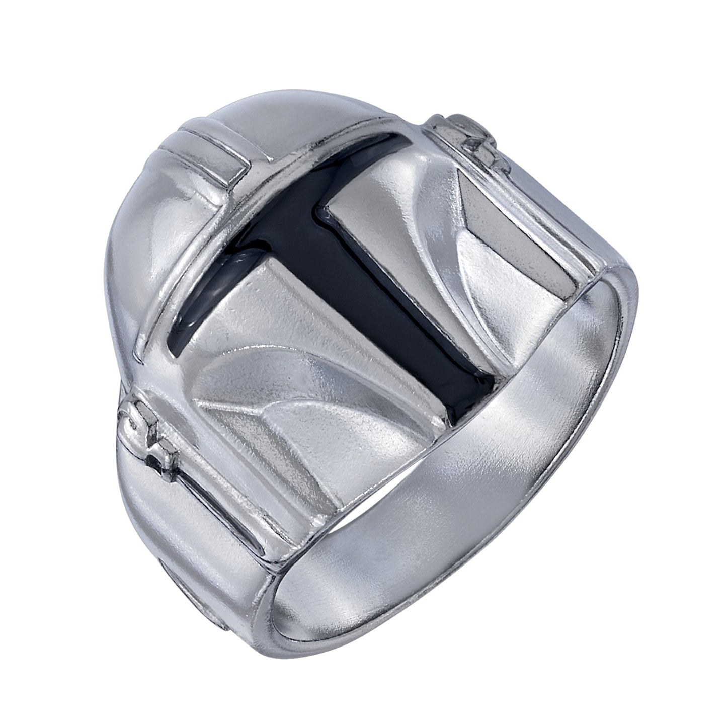 Close up of the Mandalorian helmet design with black enamel visor on a sterling silver ring.