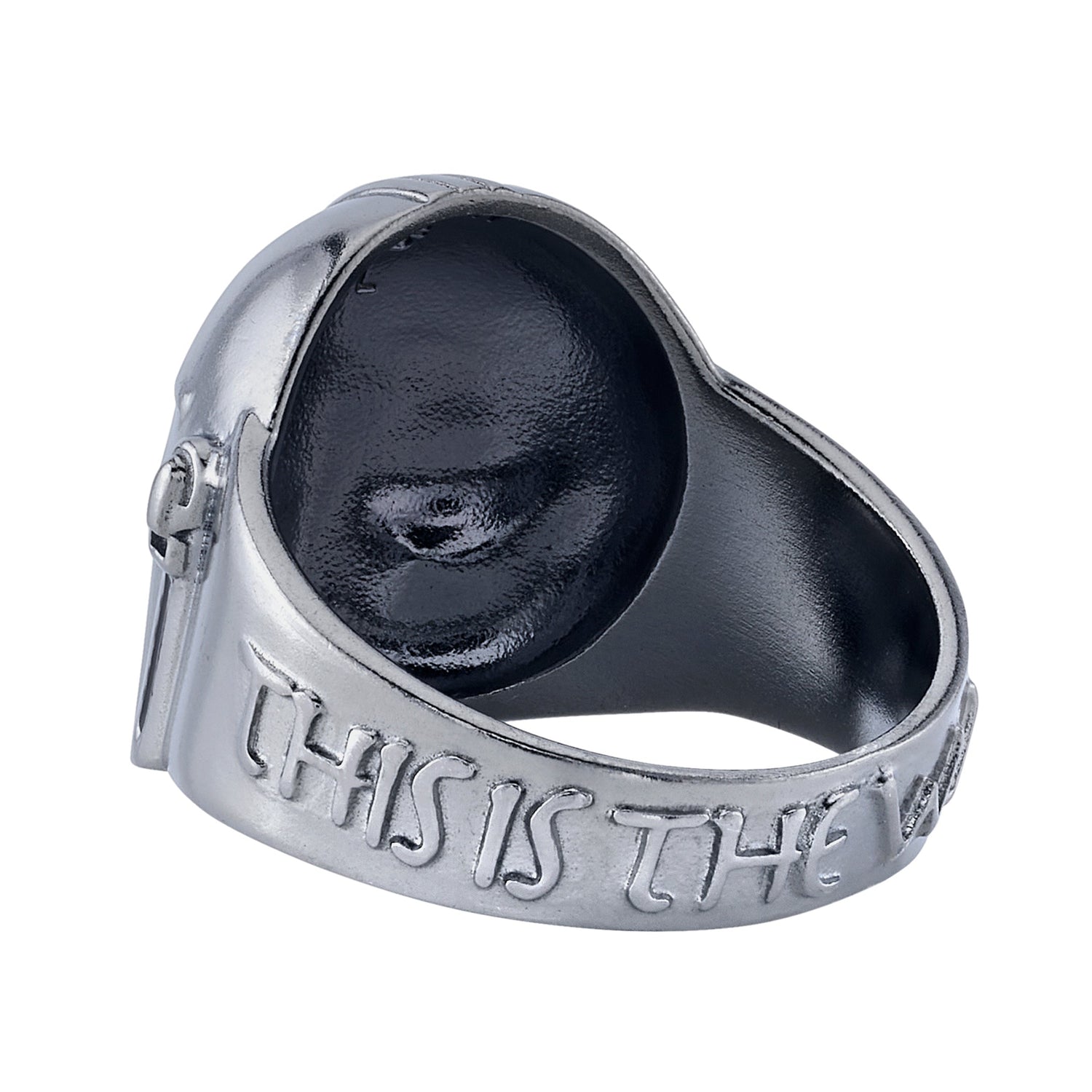 Side view of the Star Wars Mandalorian ring showing the This Is The Way inscription on the band.