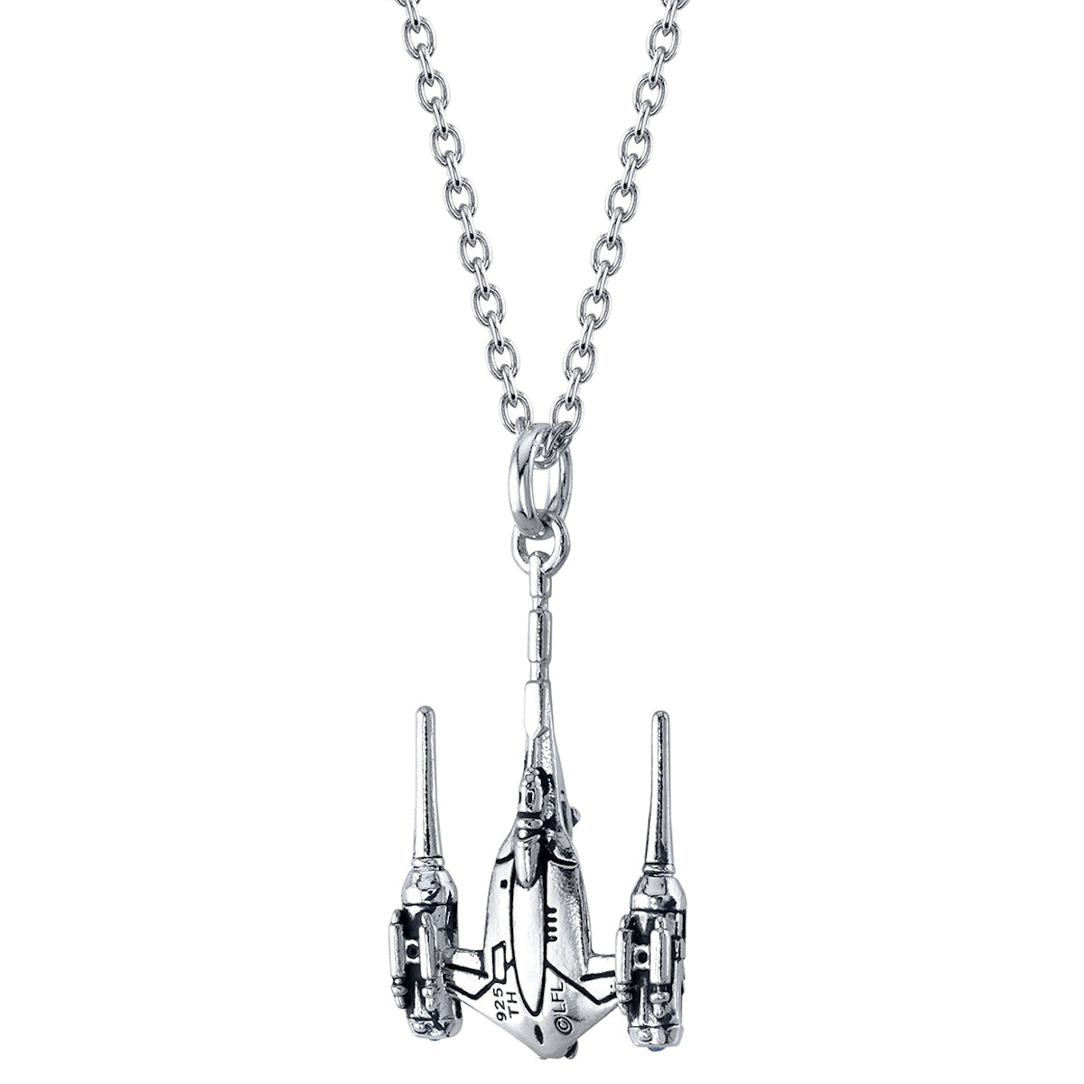Back view of the Star Wars RockLove starfighter pendant with signature tag