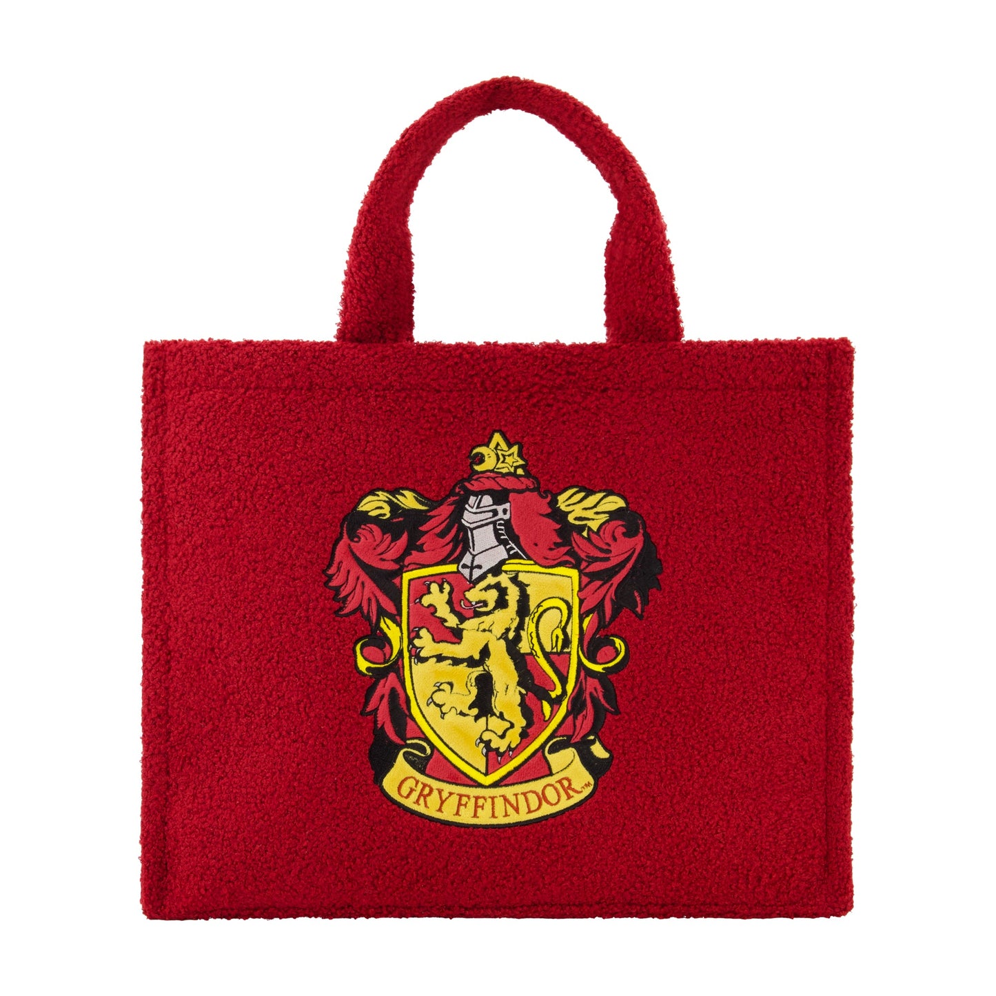 Harry Potter Gryffindor Crest Sherpa Travel Tote in burgundy showing the embroidered lion crest.