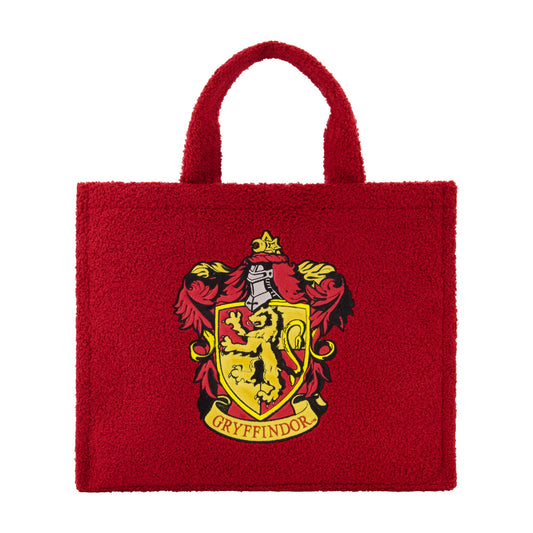 Harry Potter Gryffindor Crest Sherpa Travel Tote in burgundy showing the embroidered lion crest.-0