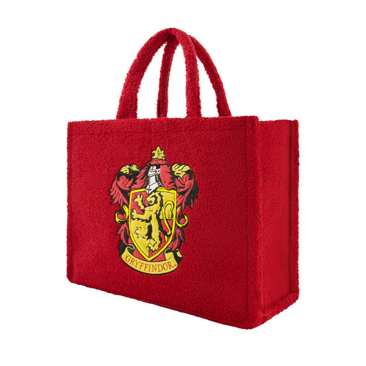 Harry Potter Gryffindor Crest Sherpa Travel Tote in burgundy showing the embroidered lion crest.-2