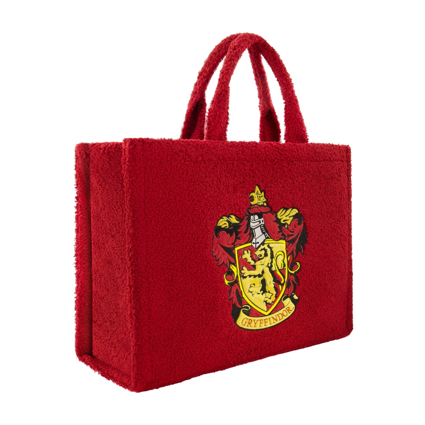 Side view of the spacious Gryffindor travel tote bag demonstrating the 8.5 inch depth.