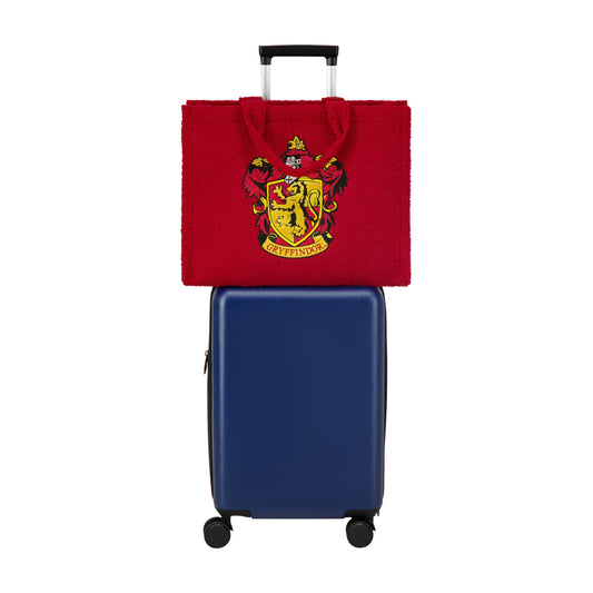 Harry Potter Gryffindor Crest Sherpa Travel Tote in burgundy showing the embroidered lion crest.-6