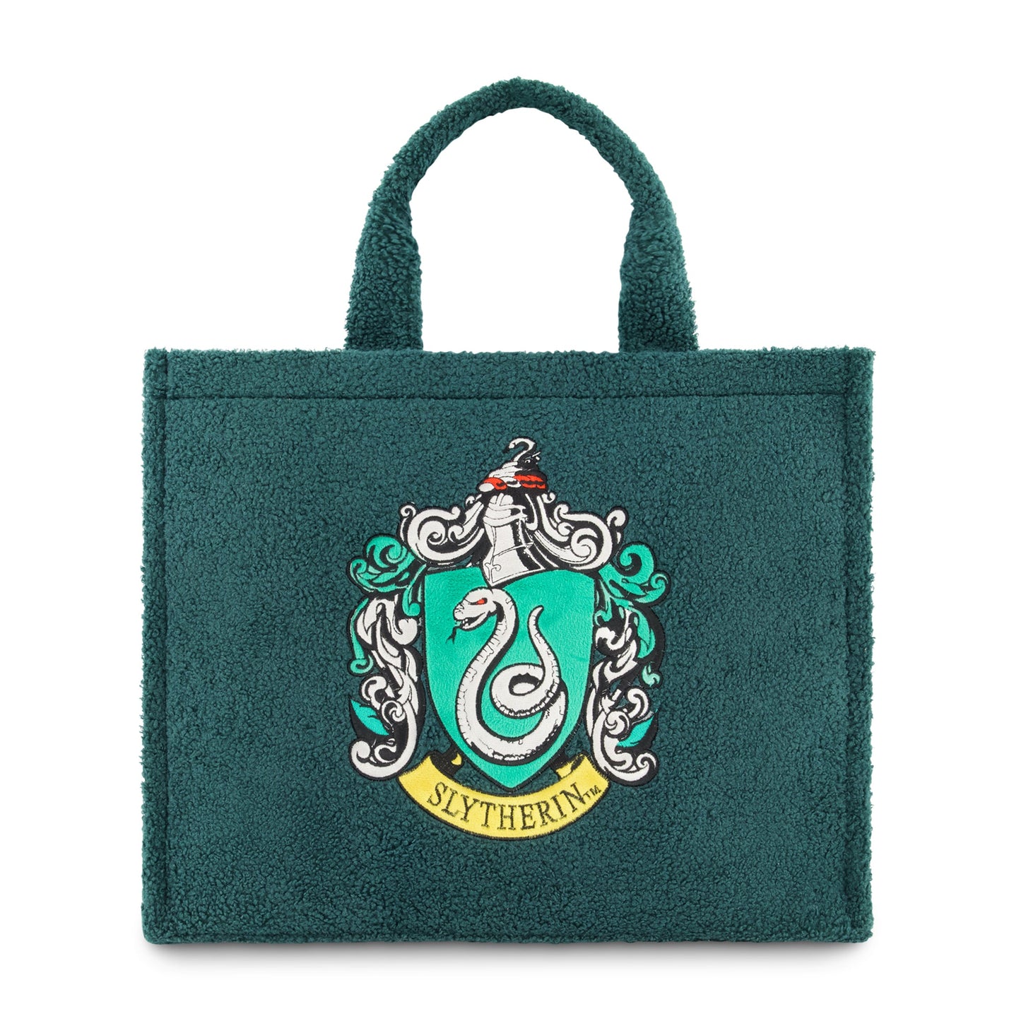 Front view of the green sherpa Harry Potter Slytherin travel tote showing the embroidered serpent crest.