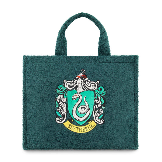 Front view of the green sherpa Harry Potter Slytherin travel tote showing the embroidered serpent crest.-0