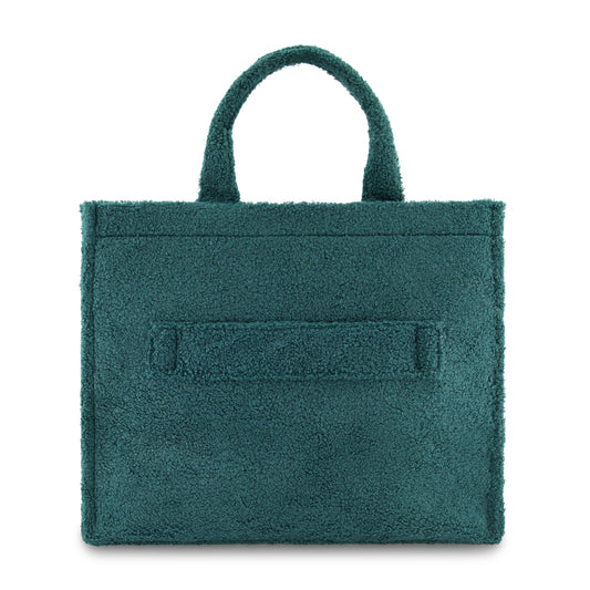 Front view of the green sherpa Harry Potter Slytherin travel tote showing the embroidered serpent crest.-1
