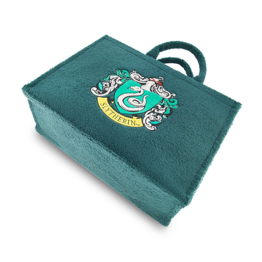 Front view of the green sherpa Harry Potter Slytherin travel tote showing the embroidered serpent crest.-3
