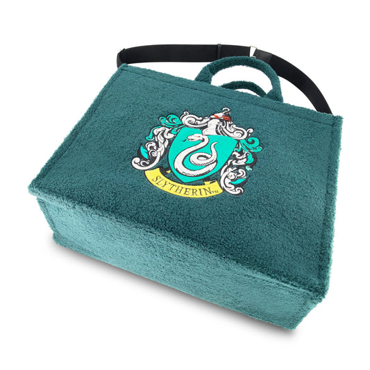 Front view of the green sherpa Harry Potter Slytherin travel tote showing the embroidered serpent crest.-4