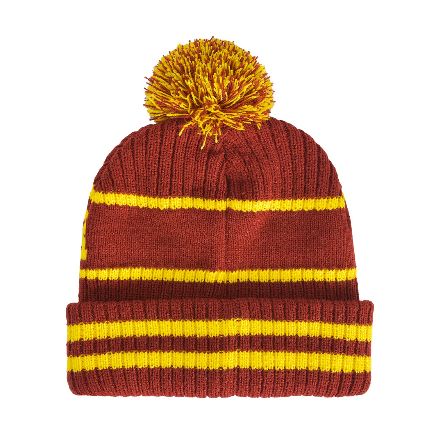 Close-up of the yellow G initial and Gryffindor wordmark on the cuffed winter hat.