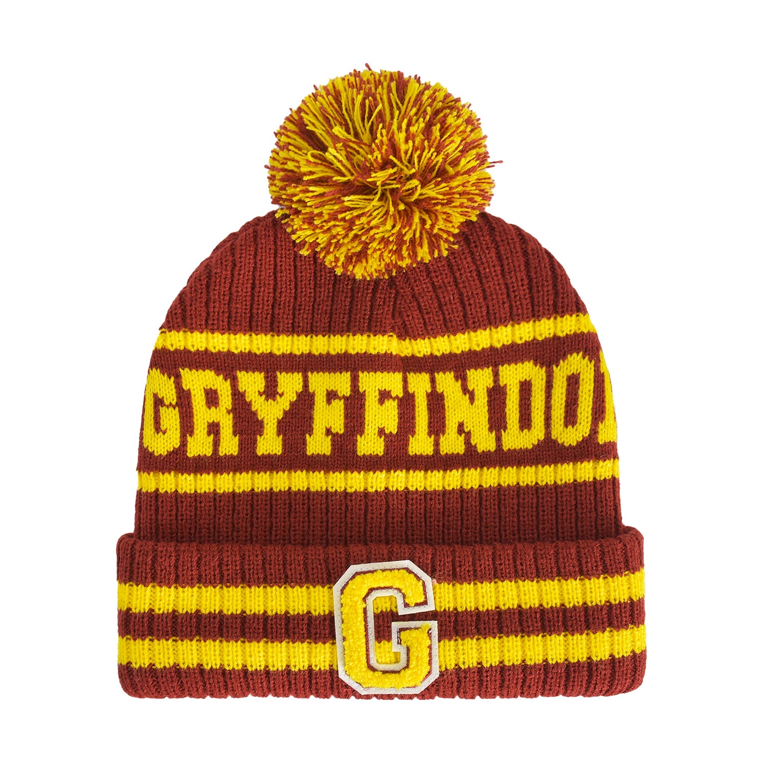 Front view of the Harry Potter Gryffindor Collegiate Pom Cuff Beanie featuring red and yellow knit colors.