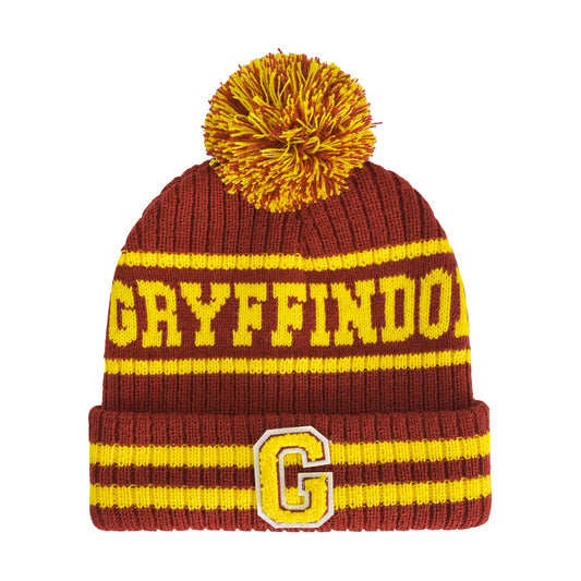 Front view of the Harry Potter Gryffindor Collegiate Pom Cuff Beanie featuring red and yellow knit colors.-0