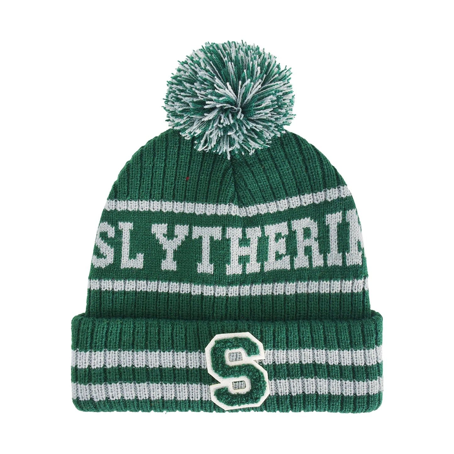 Green and white Harry Potter Slytherin collegiate beanie with pom pom