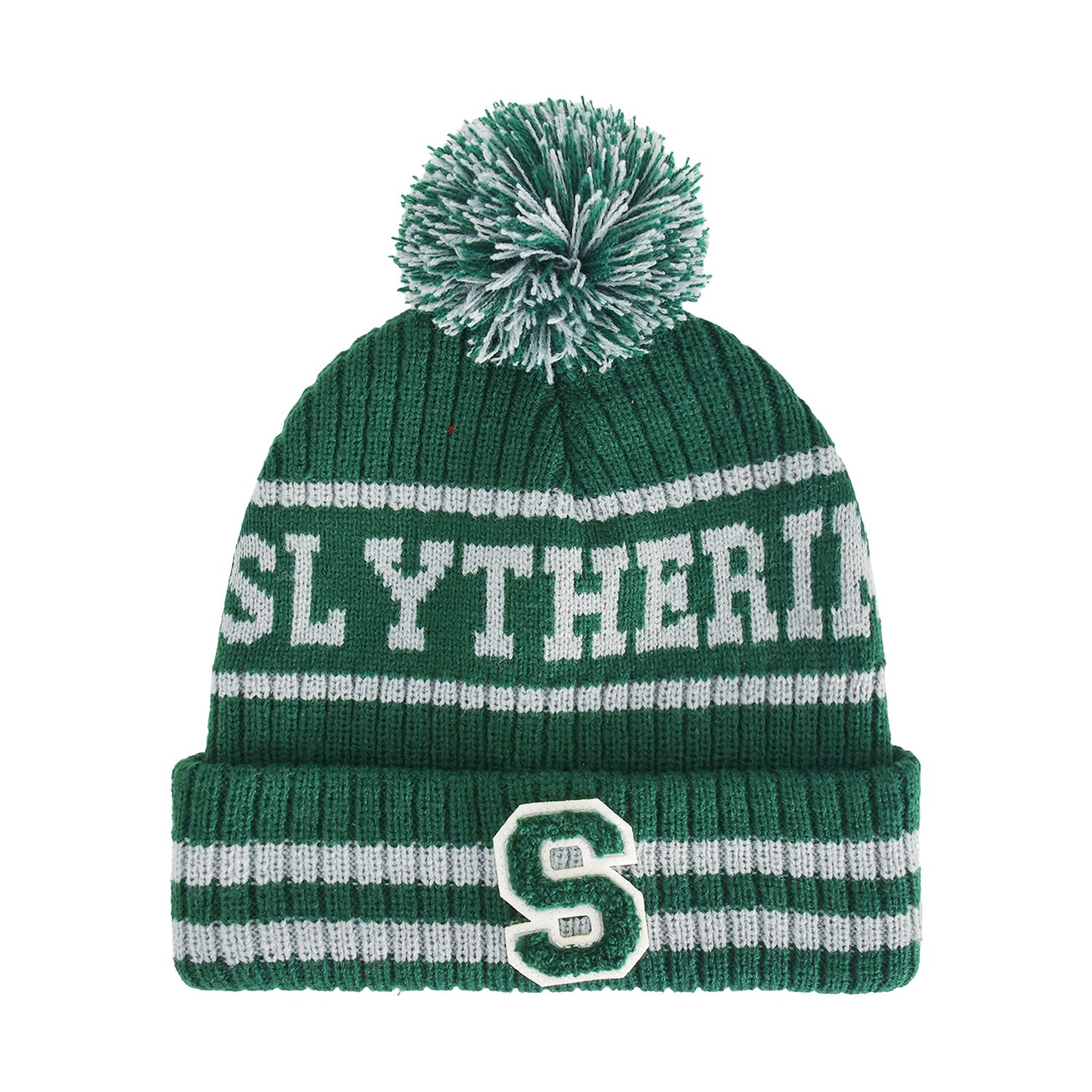 Green and white Harry Potter Slytherin collegiate beanie with pom pom