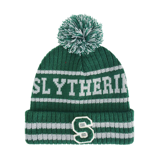 Green and white Harry Potter Slytherin collegiate beanie with pom pom-0