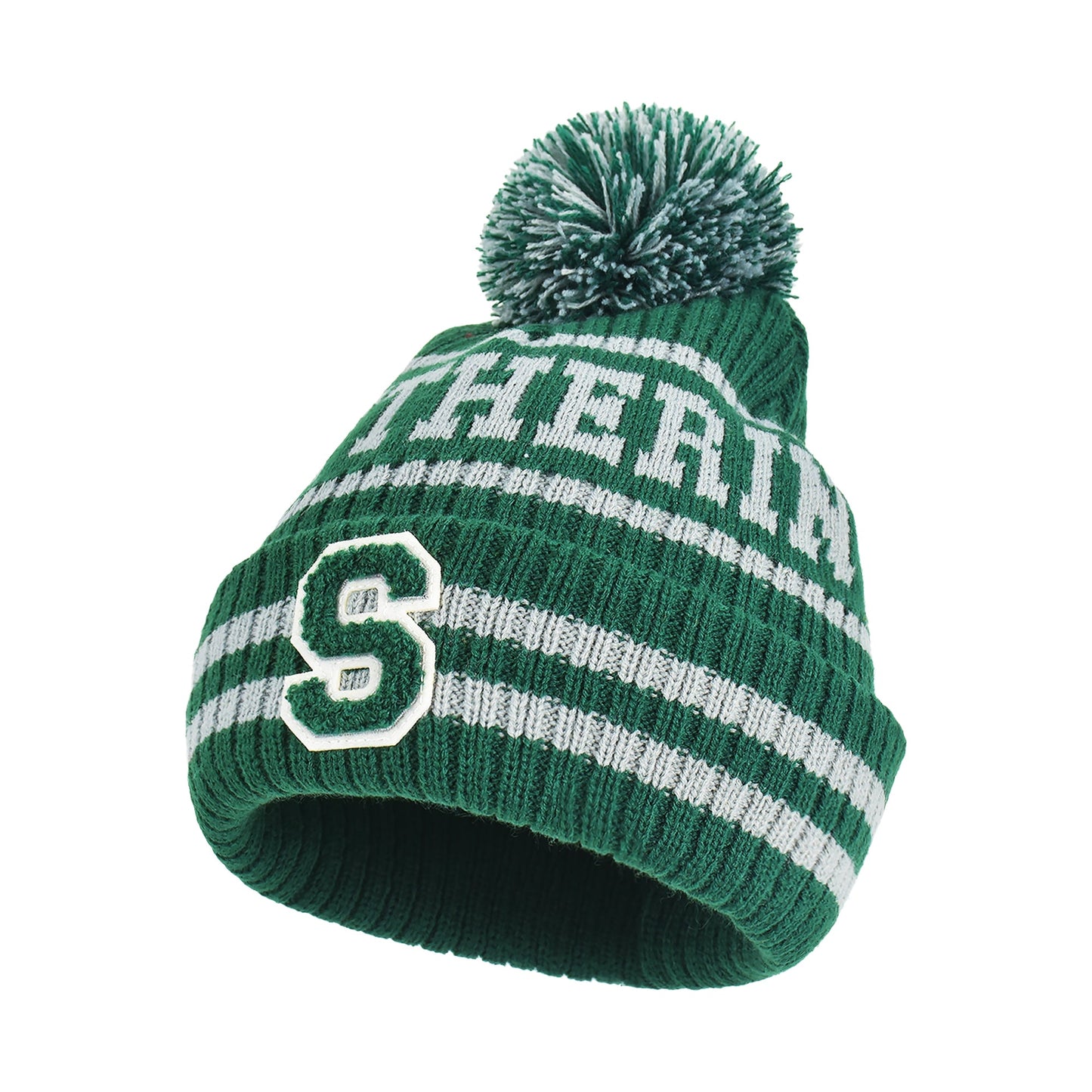 Top view of Slytherin text and green pom pom on collegiate knit hat