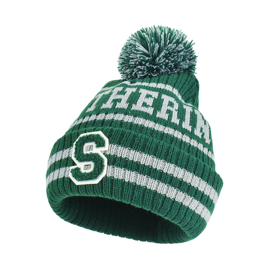 Green and white Harry Potter Slytherin collegiate beanie with pom pom-2