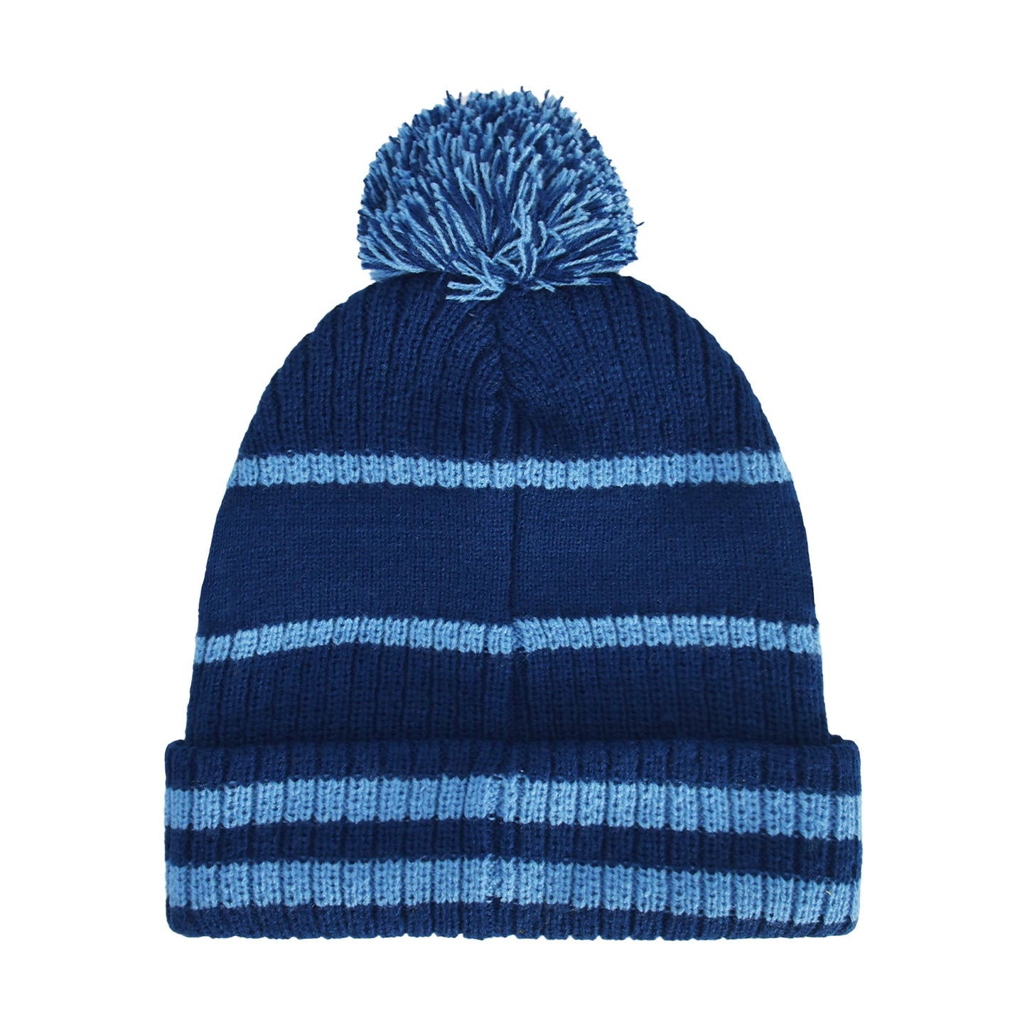 Front view of Ravenclaw collegiate beanie with blue pom pom